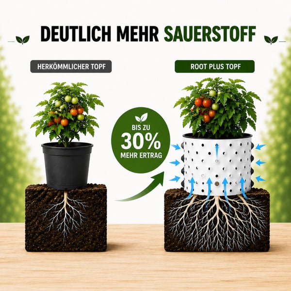 Vergleich eines herkömmlichen Pflanztopfes mit dem Root Plus Topf für mehr Sauerstoff, bessere Wurzelbildung und bis zu 30 Prozent mehr Ertrag.