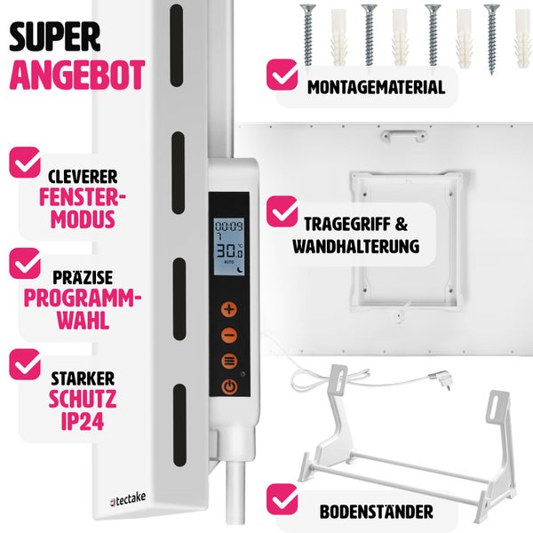 Tectake Infrarot-Heizung mit Montagezubehör, Tragegriff, Wandhalterung und Bodenständer