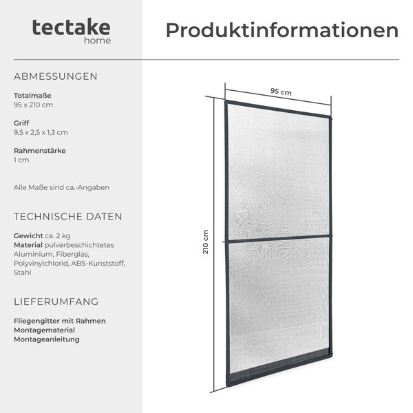 tectake Insektenschutzgitter mit Rahmen: Maße circa 95 mal 210 Zentimeter, Gewicht circa 2 Kilogramm, Aluminium und Fiberglas, inklusive Montagematerial.