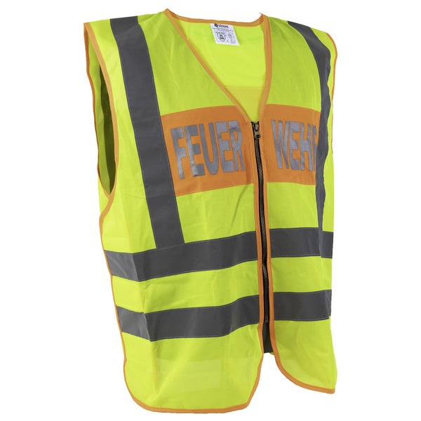 Gelbe Warnweste mit Aufdruck Feuerwehr, Reflexstreifen und Reißverschluss.