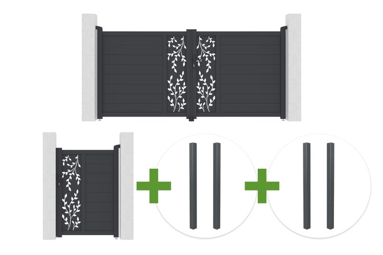 Doppelflügeltor und Gartentür mit floralem Dekor in Kombination mit zwei Sets von Torpfosten aus Metall für die Montage zwischen Mauerpfosten.
