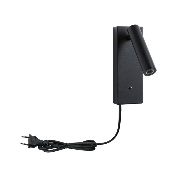 Schwarze Wandleuchte mit verstellbarem Spot, Textilkabel und Stecker.