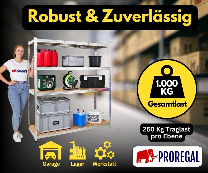 Proregal Metall-Schwerlastregal für Garage, Lager und Werkstatt. Gesamttraglast 1000 Kilogramm, 250 Kilogramm pro Ebene.
