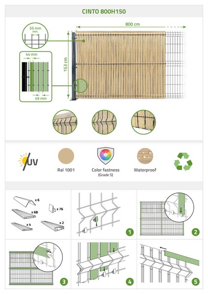 Illustration eines Cinto 800H150 Zauns mit Maßangaben, Farbfeld Ral 1001 und Symbole für UV-Beständigkeit, Farbechtheit Grad 5, Wasserdichtigkeit und Recycling sowie Montageanleitung.