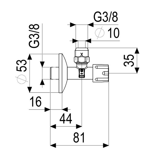 Maßzeichnung eines Eckventils mit G 3/8 Zoll Anschlüssen und Maßen in Millimetern.