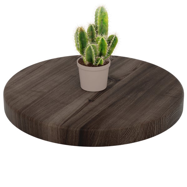 Rundes Wandregal aus Holz mit einem kleinen Kaktus im Topf.
