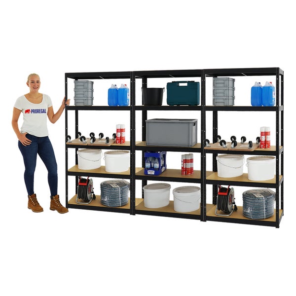 PROREGAL Mega Deal 3x Schwerlastregal Slim Elephant S HxBxT 180 x 90 x 45 cm 5 Ebenen Fachlast 350 kg Schwarz