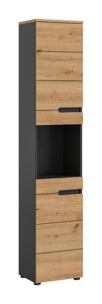 Hochschrank mit zwei Türen in Eiche-Optik und anthrazitfarbenem Korpus, ein offenes Fach in der Mitte.