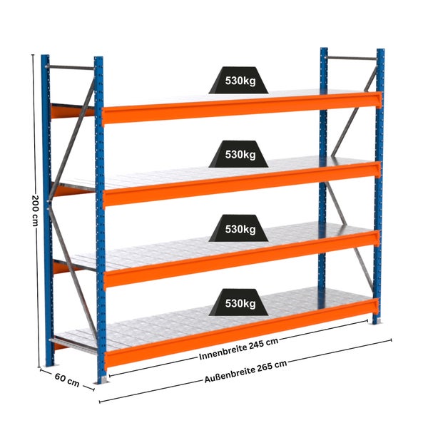 Lagerregal mit vier Ebenen und einer maximalen Traglast von 530 Kilogramm pro Ebene