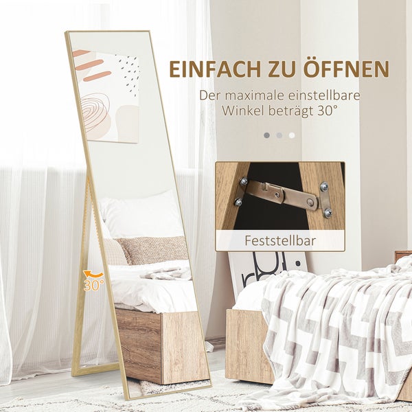 HOMCOM Standspiegel, Ganzkörperspiegel mit Holzmaserung, Ankleidespiegel, Schminkspiegel für Schlafzimmer, Wohnzimmer und Eingangsbereich, Silber+Hellbraun, 40 x 150 cm