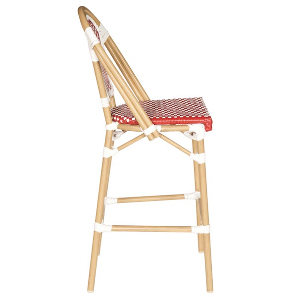 Bistro-Barhocker aus Rattan mit rot-weiß geflochtener Sitzfläche und Rückenlehne, Rückansicht.