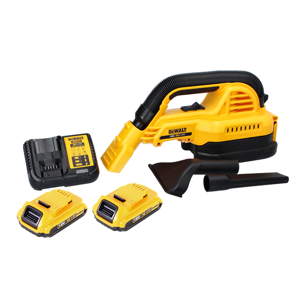 DeWalt Akku-Handsauger mit zwei 18 Volt Lithium-Ionen-Akkus, einem Ladegerät und zwei Düsenaufsätzen.