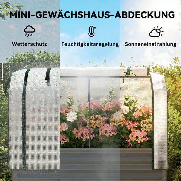 Verzinkter Metallrahmen für Hochbeete mit Symbolen für Rostfreiheit, Formstabilität und geringen Wartungsaufwand.