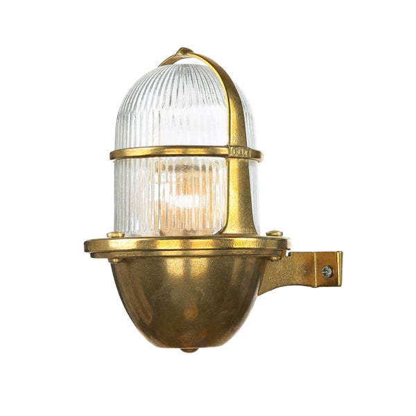 Messingfarbene Außenwandleuchte mit geriffeltem Glas