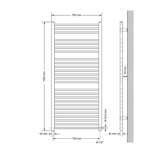 ECD Germany Badheizkörper Elektrisch mit Heizstab 1200W Große Leistung - 750 x 1500 mm - Weiß - gerade mit Seitenanschluss - Heizkörper Handtuchwärmer Handtuchtrockner