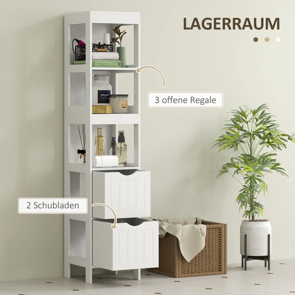 HOMCOM Badezimmerschrank schmal, Hochschrank Toilettenschrank mit 2 Schubladen und 3 offenen Fächern, Badschrank für kleine Räume Badezimmer, Wohnzimmer 30 x 30 x 141,2 cm Weiß