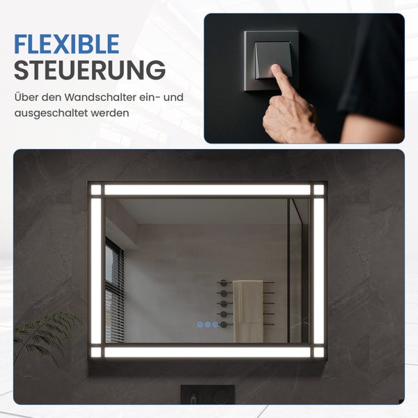 Beleuchteter Badezimmerspiegel mit LED Beleuchtung und flexibler Steuerung über einen Wandwandschalter.