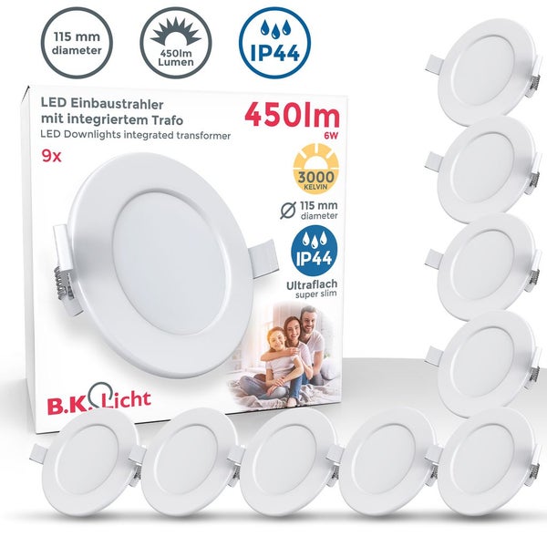 Einbauspot 100mm 9er Set - 230V, 6W, 450lm, LED, IP44, warmweiß, weiß