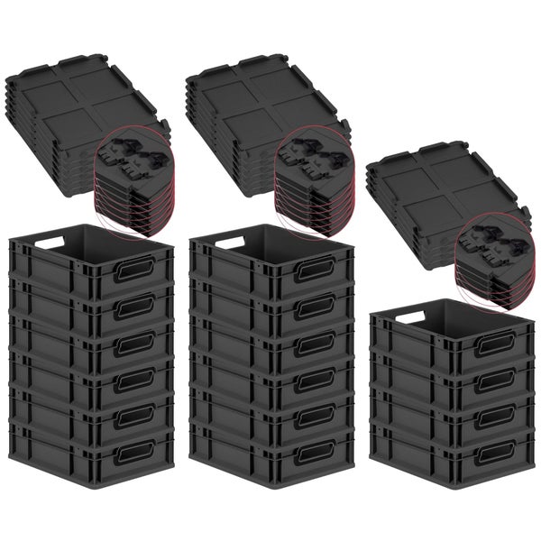 PROREGAL SuperSparSet 16x Eurobox NextGen Color mit Scharnierdeckel und Schiebeschnappverschlüssen, HxBxT 12x30x40cm, 11 Liter, Schwarz, Griffe schwarz offen, Eurobehälter, Transportbox, Transportbehälter, Stapelbehälter
