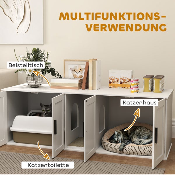 Weißer multifunktionaler Katzenschrank, genutzt als Beistelltisch, Katzenhaus und Toilettengehäuse mit Katzen und Dekoration.