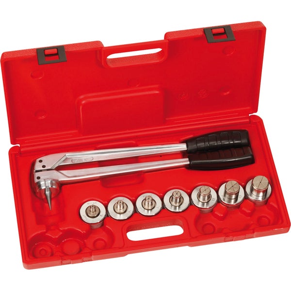 Aufweitwerkzeug-Satz im roten Koffer mit Aufweitkopf und verschiedenen Aufweitdorne