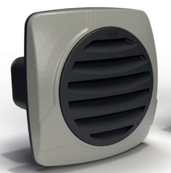 Wandventilator mit quadratischer Abdeckung und rundem Lamelleneinsatz zur Belüftung von Innenräumen