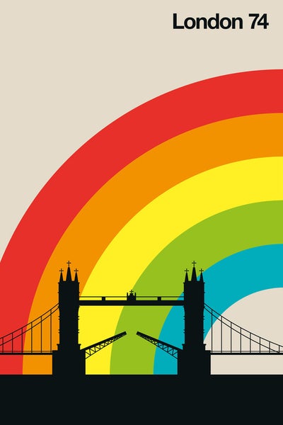 Illustration der Tower Bridge in London mit Regenbogen