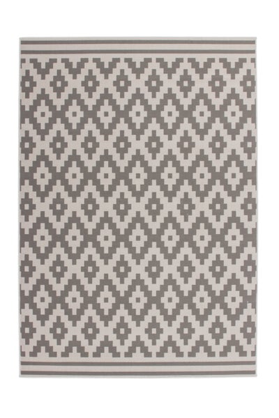 Rechteckiger Teppich mit geometrischem Rautenmuster und Bordürenabschluss.