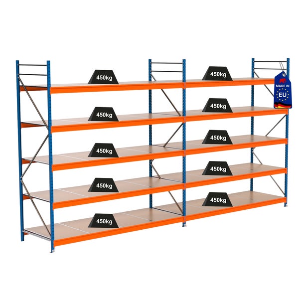 Regalsystem mit mehreren Ebenen und einer Traglast von 450 Kilogramm sowie dem Made in EU Siegel