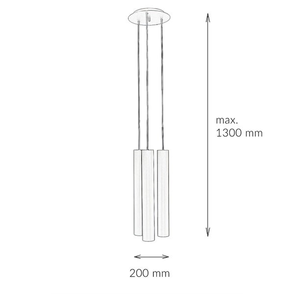Technische Zeichnung einer Pendelleuchte mit den Maßen maximal 1300 mm Höhe und 200 mm Breite.