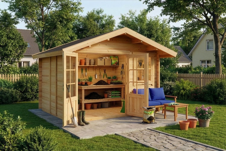 Helles, organisiertes Gartenhaus aus Holz mit Doppeltür, Innenregalen für Werkzeug, davor eine Sitzbank mit blauen Polstern und ein kleiner Holztisch.