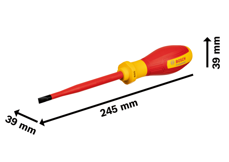 Bosch Professional isolierter Schlitz-Schraubendreher mit Bosch Professional Logo. Länge 245 Millimeter, Breite 39 Millimeter, Spitze 6,5 Millimeter.