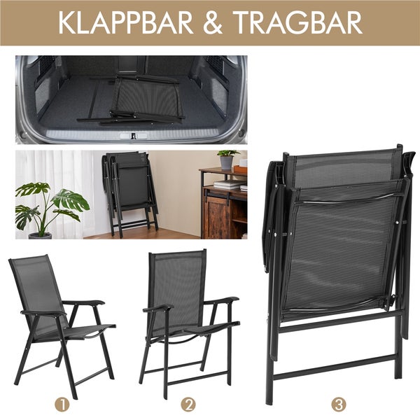 Klappbarer Gartenstuhl aus Metall mit Textilbespannung, platzsparend zusammengefaltet im Kofferraum und an einer Wand sowie aufgestellt abgebildet.