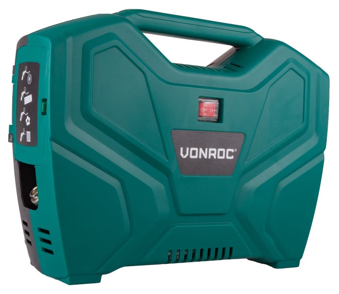 VONROC Tragbarer Luftkompressor, 1100 W, 8 Bar - Luftdurchsatz 180 l/m - Reifenfüller für Auto, Motorrad, Fahrrad, Ball - tragbarer Kompressor ohne √ñl mit 11 Zubehörteilen