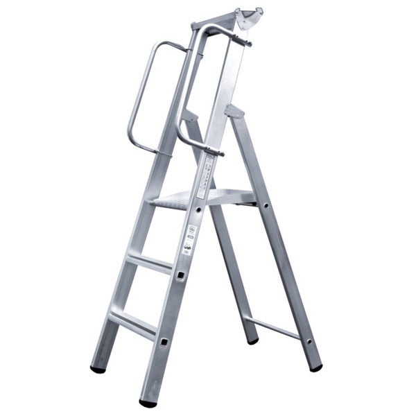 Aluminium Stufenstehleiter mit Sicherheitsbügel und Plattform für sicheres Arbeiten in der Höhe.