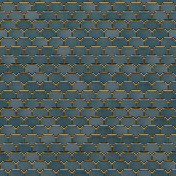 Vliestapete mit Schuppenmuster in Blau und Gold, moderner Art Deco Stil.