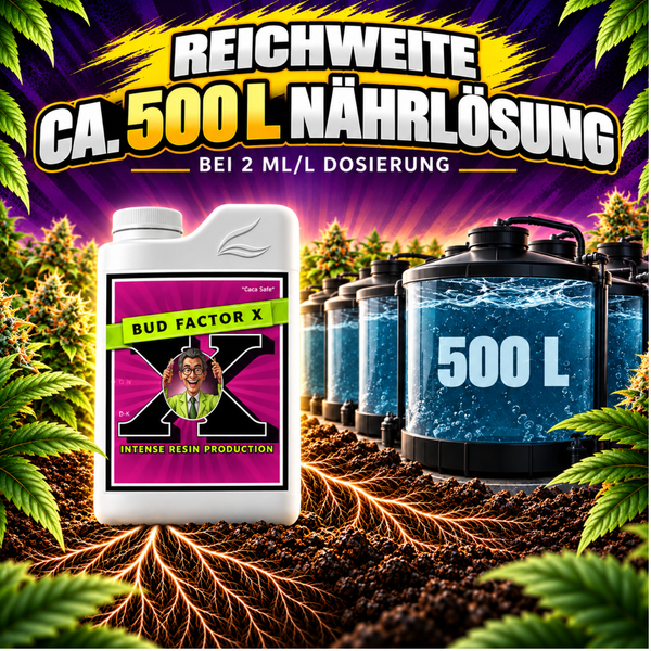 Bud Factor X Pflanzennahrung Flasche für circa 500 Liter Nährlösung bei 2 Milliliter pro Liter Dosierung.