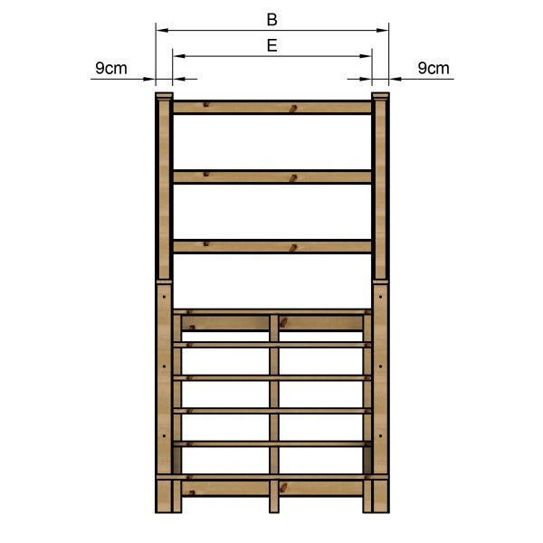 Technische Zeichnung eines Holzregals mit Maßangaben