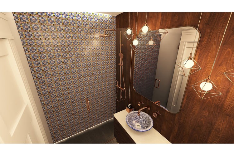 Modernes Badezimmer mit Dusche, Waschbecken und Spiegel