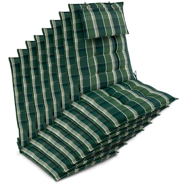 Set mit 6 grünen Gartenstuhlauflagen für Hochlehner mit Karomuster und Kopfpolster.