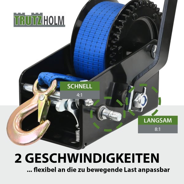 Tragbare Handseilwinde mit zwei Geschwindigkeiten, blauem Gurtband und Haken