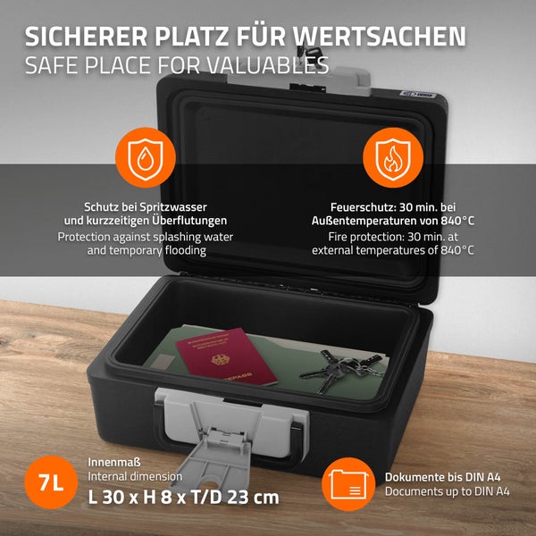 ECD Germany Dokumentenbox DIN A4, 39x33x16 cm 7L, Feuerfeste wasserdichte Dokumentenkassette, Sicherheitskoffer für Dokumente, Sicherheitskassette abschließbar 2 Schlüssel, Geldkassette mit Tragegriff
