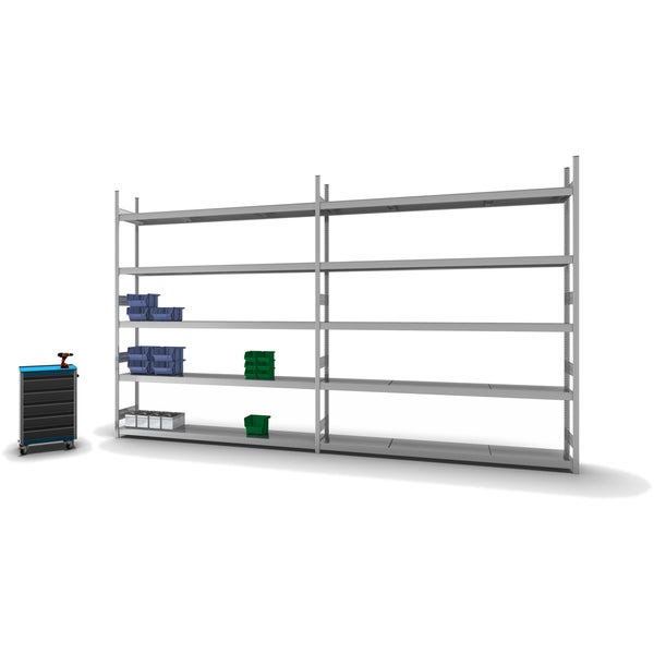 PROREGAL Weitspannregal Stecksystem T-Profil Grundregal HxBxT 300x250x40 cm 5 Ebenen Stahlplatten Fachboden Fachlast 350 kg Verzinkt