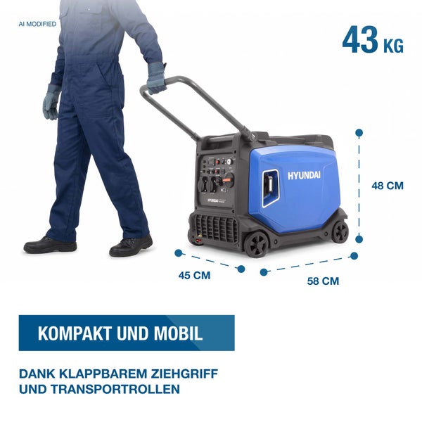 Mobiler Hyundai Stromerzeuger mit klappbarem Ziehgriff und Transportrollen, Abmessungen 58 mal 45 mal 48 Zentimeter, Gewicht 43 Kilogramm.