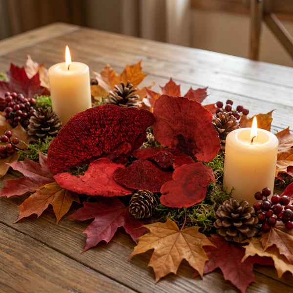 Herbstliche Tischdekoration mit zwei Stumpenkerzen, Ahornblättern, Zapfen, Beeren und getrockneten Baumpilzen auf einem Holztisch.