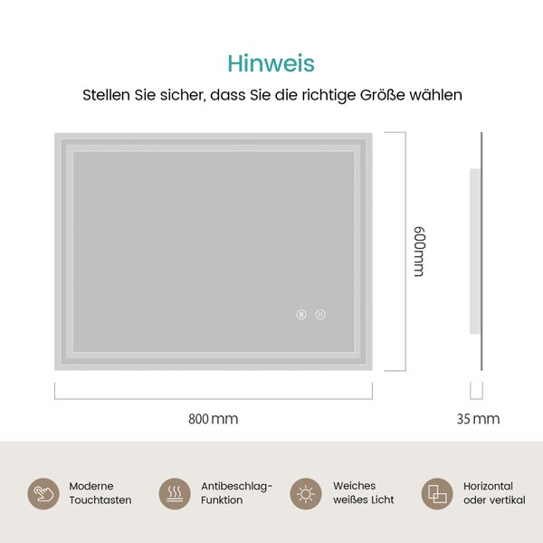 EMKE Badspiegel mit LED-Beleuchtung 80 x 60 cm, Kaltweiß 6500K, Touchschalter & Beschlagfrei, dimmbar, IP44, für Bad