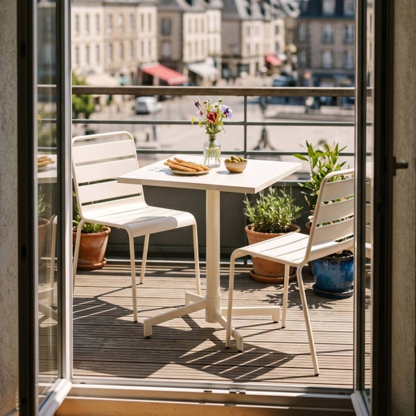 Modernes Balkonmöbel-Set mit quadratischem Tisch und zwei Metallstühlen auf einer Holzterrasse mit Blick auf die Stadt.