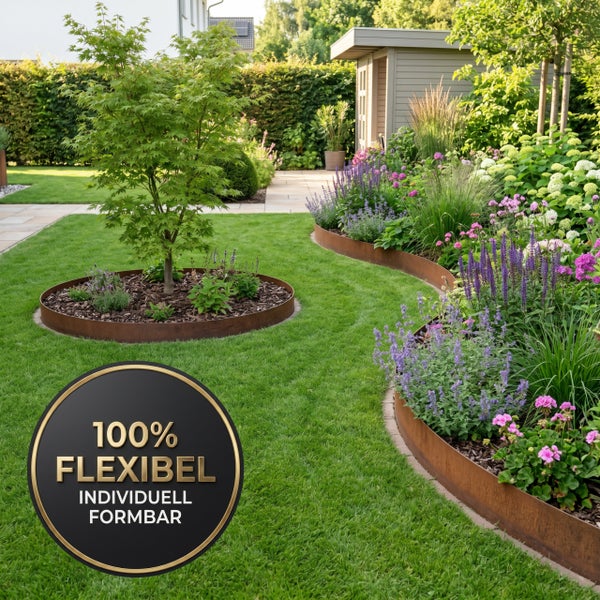 Rasenkante aus Metall, 100 Prozent flexibel und individuell formbar, als Beeteinfassung in einem gepflegten Garten mit Blumen und Rasen.