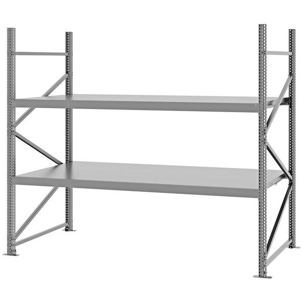 Stabiles Weitspannregal aus Metall mit zwei Ebenen, ideal als Schwerlastregal für Werkstatt, Garage oder Lager.