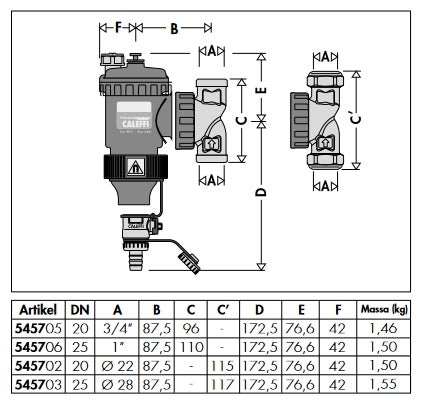 Technische Zeichnung eines Caleffi Schlammabscheiders mit Bemaßungen, Caleffi Logo und einer Tabelle mit technischen Daten.